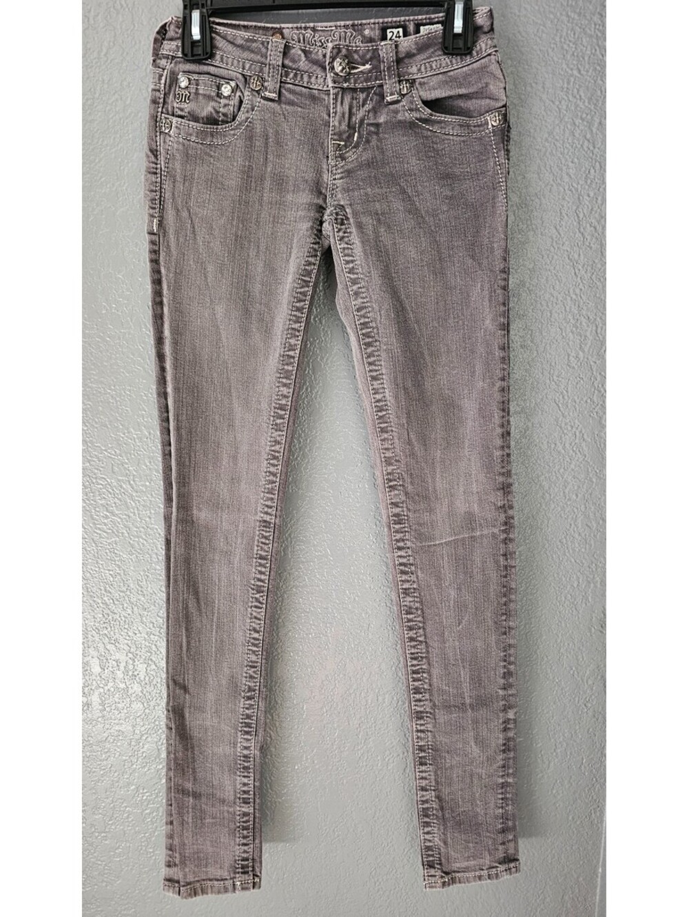 Women's Miss Me Skinny Denim Jeans Pants Gray Studs Rhinestone Size 24 Bling